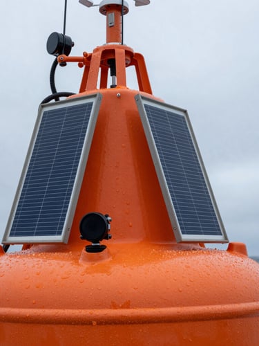 Macro technical close-up of a bright orange Spotter buoy's marine-grade solar panels and sensors, high-contrast natural light from an overcast maritime sky, water droplets on the rugged casing.