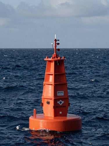 Wide shot of a bright orange Spotter buoy floating in rough, deep-blue open water under overcast maritime skies, high-contrast natural light, vast ocean scale.