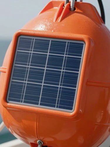 Macro technical close-up of a bright safety orange Spotter buoy, showing integrated solar panels and rugged marine-grade casing.