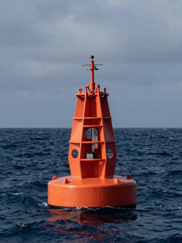 Extreme wide environmental shot of a bright orange Spotter buoy floating in rough deep-blue open water under overcast maritime skies, dramatic high-contrast natural light.
