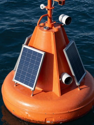 Close-up technical shot of a bright orange Spotter buoy floating in deep blue water, showing its rugged solar panels and integrated marine-grade sensors under high-contrast natural light