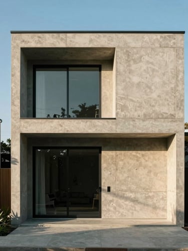 Straight-on architectural elevation of a modern concrete home, crisp high-contrast morning light casting sharp shadows, 35mm lens.