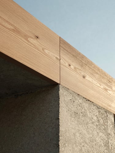 Close-up of raw concrete meeting a perfectly aligned oak beam, crisp morning light, architectural detail.