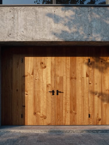 Straight-on architectural elevation of raw concrete and warm oak joinery, sharp morning shadows, minimalist design details