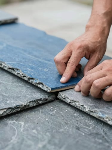 Close-up of hand-cut slates being laid by a craftsman, precise slate alignment, natural overcast daylight, slate blue and zinc grey tones, crisp detail, 35mm lens
