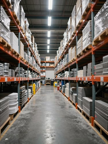 Wide shot inside a large industrial warehouse, floor-to-ceiling steel shelving loaded with bulk hardware inventory, overhead fluorescent light casting sharp shadows on boxed materials, deep perspective down the aisle, no people