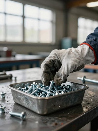 Close-up of a contractor's gloved hand selecting a heavy-duty fastener from a bulk bin on a metal workbench, warehouse daylight through large windows, steel and concrete background, no people faces visible