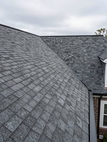 Wide environmental shot of a completed residential roof replacement in the DC metro area — full roofline visible from street level under overcast daylight, clean architectural shingle rows running edge to edge, no workers or people in frame, gutters and ridge cap clearly finished