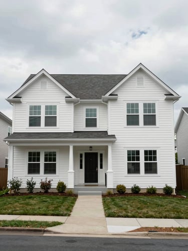 Wide shot of a completed new residential exterior in a DC-area neighborhood, overcast daylight, full roofline visible, clean painted siding, front elevation showing windows and entry, no people