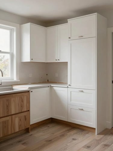 Wide environmental shot of a completed kitchen cabinet installation, full room visible from corner angle — floor-to-ceiling shaker-style cabinets in warm white, natural wood lower cabinets, open under overcast daylight from a window, no people, clean countertops showing only the installed work