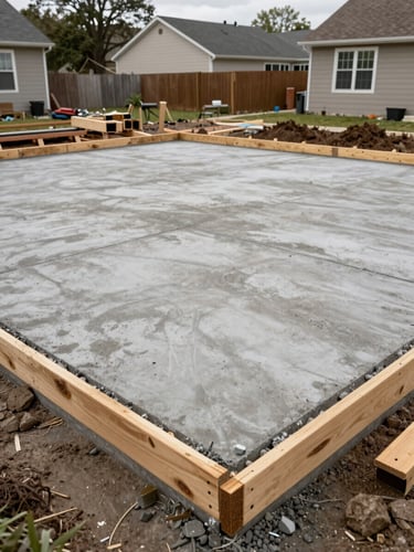 Wide shot of a bare concrete slab freshly poured in a DC suburban backyard, overcast daylight, wooden form boards still at the edges, ground disturbed around the perimeter showing active construction phase, no people