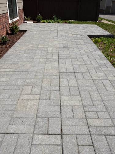 Wide shot of a newly completed backyard patio in a DC-area residential property — concrete pavers laid flush to grade, natural daylight illuminating the finished surface, surrounding yard visible at edges, no people present, honest mid-project framing showing structural integrity