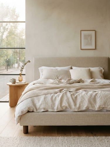 Low-profile upholstered bed in a minimalist warm-toned architectural space, soft morning window light, muted ivory and beige tones, medium format film