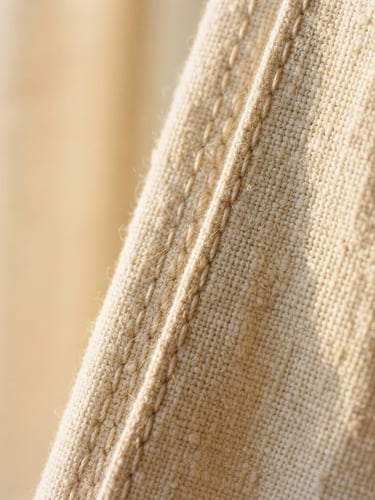 Extreme close-up of heavy Belgian linen drapes catching soft golden hour light, focus on double-stitched seams, warm ivory tones, medium format film