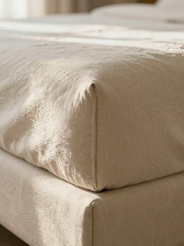 Close-up of double-stitched seams on a warm beige upholstered bed frame, soft morning light catching the heavy linen texture.
