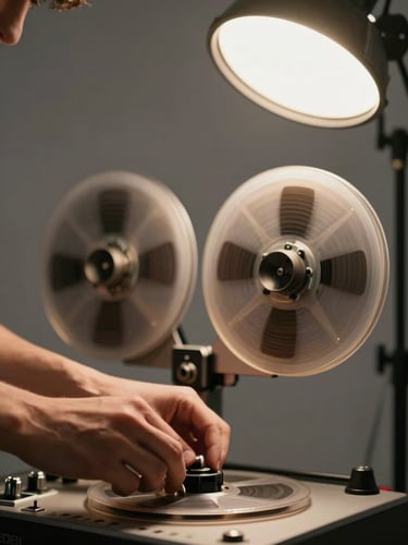 Studio portrait, musician's hands adjusting a reel-to-reel machine, warm strobe from above, tape reels in soft focus background, high contrast