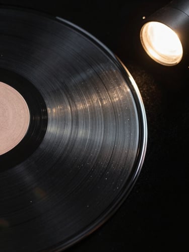 Extreme macro of a vinyl record groove running diagonally across the frame from lower left to upper right, high-contrast black background, single warm studio strobe from the right, the groove ridges catching light like topographic lines — no label, no sleeve, pure surface detail