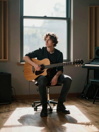 Environmental portrait in a recording studio, musician seated near a window with north-facing daylight, hands resting on guitar, strong shadow definition