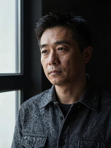 High-contrast portrait against a black background, natural light from a single window source, musician looking slightly off-camera, textured jacket visible