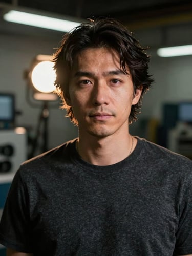 Close portrait, musician in a pressing facility environment, warm industrial light from behind, face toward camera, high contrast shadow fill