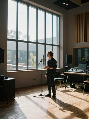 Environmental wide shot of a recording studio, musician standing near a microphone, north-facing daylight from tall windows, shadows long and defined