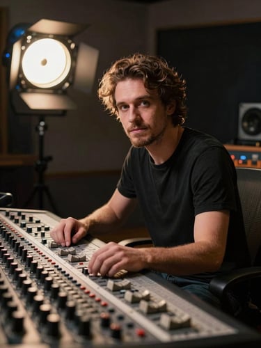 Studio session portrait, musician at a mixing console, warm strobe light from one side, deep shadow on the other, direct gaze toward camera