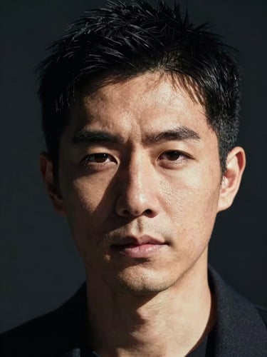 Close portrait in north-facing daylight, musician with direct gaze, high-contrast natural light against a deep shadow background, face partially lit