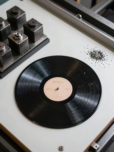 Close overhead flat-lay of vinyl record pressing facility workspace. A lacquer master disc in the center, metal stampers to the left, vinyl pellets scattered on a clean work surface, professional lighting emphasizing the texture of grooves and polymer. High contrast, sharp focus on the physical production tools and materials.