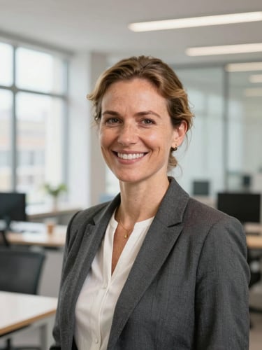 Medium close-up portrait of a warm, smiling female Dutch legal expert in a bright, modern, daylight-filled Amsterdam office, professional attire, modern editorial style.