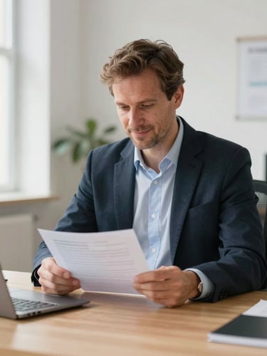 An approachable Dutch labor lawyer in a bright, modern, light-filled office, reviewing a paper document on a clean oak desk, soft natural daylight, shallow depth of field