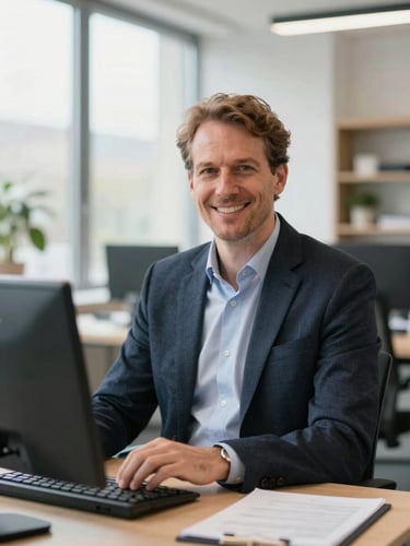 Approachable Dutch legal expert in a bright, modern, light-filled office, professional and reassuring tone, shallow depth of field