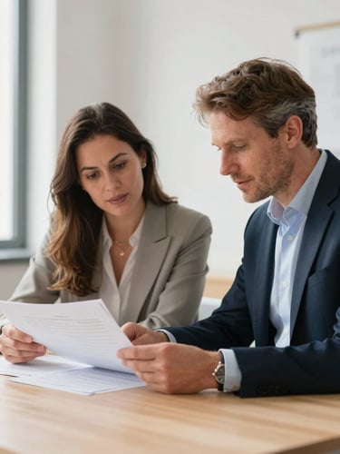 Environmental shot of two Dutch labor law experts, a man and a woman, reviewing documents on a clean wooden desk in a bright, modern office with soft daylight.