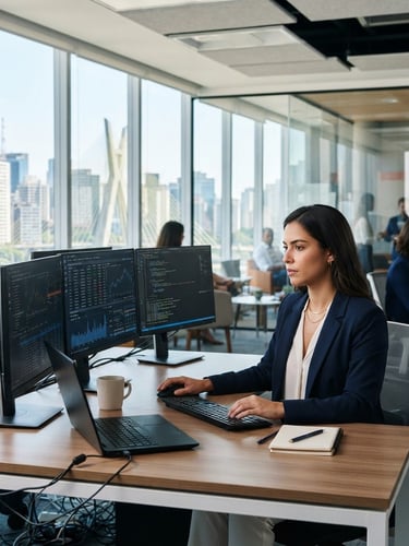 Modern corporate office in São Paulo, bright natural daylight, professionals working with secure digital interfaces, professional navy tones, sharp focus.