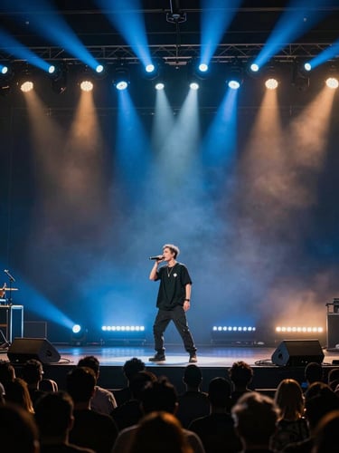Wide environmental shot of an artist mid-performance on a large stage. Theatrical gel lighting — electric blue and amber — floods the scene from above and behind. Crowd visible as silhouettes in the lower foreground. Artist at centre-left of frame, microphone in hand, caught mid-phrase. Stage monitors and cable runs visible at the edges, adding raw energy.