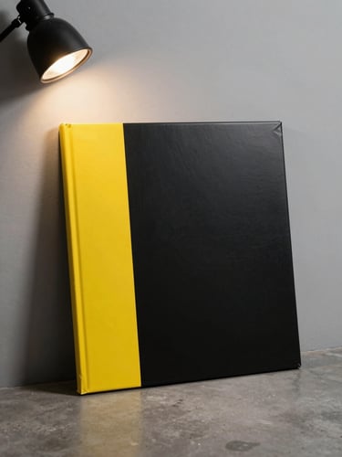 Full-bleed portrait of an album sleeve propped against a studio wall, electric-yellow accent stripe on a matte black cover, side-lit by a single tungsten lamp creating a hard shadow on the left, concrete floor visible at the bottom