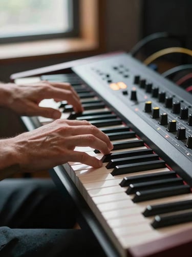 Close-up of artist's hands on a synthesizer keyboard in a dimly lit recording studio. North-facing window light catches the knuckles and the panel of lit controls. Cables visible in the background, out of focus. Framing is tight — no face, just the hands and the machine in creative dialogue.