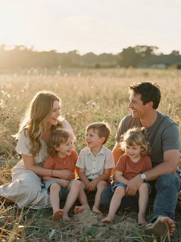 A warm, sunlit outdoor portrait of a family laughing together in a wild grass field, golden hour backlighting, soft lens flare, 35mm film grain style.