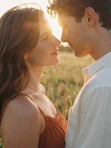 Close-up of a young couple embracing in a sun-drenched meadow, warm golden hour backlighting, soft lens flare, 35mm film grain