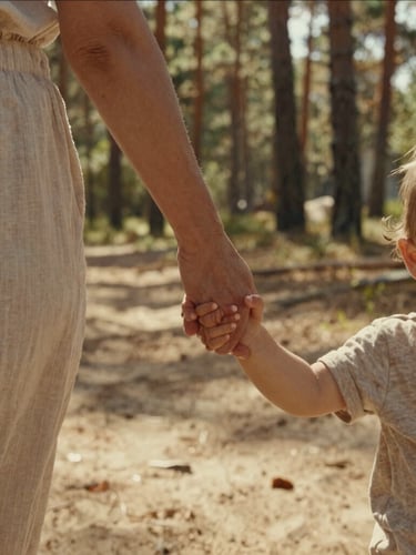 An intimate close-up of a mother holding her toddler's small hand while walking through a sun-drenched pine forest, warm sand tones, cinematic composition.