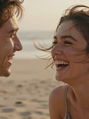Intimate close-up portrait of a couple laughing, wind-blown hair, soft sand background, warm golden hour light, shallow depth of field, authentic emotions
