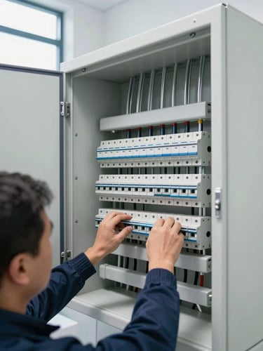 Wide shot of a clinical electrical panel installation inside a dental clinic shell, conduit runs visible across the wall, a technician's hands adjusting a circuit breaker module, clinical white walls under daylight from high windows, sharp documentary framing