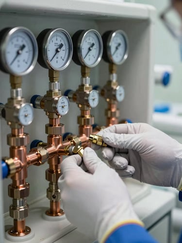 Close-up of a technician's gloved hands connecting copper fittings on a compressed air distribution manifold inside a dental clinic utility room, gauges and labeled valves visible, clinical strobe lighting, sharp documentary framing