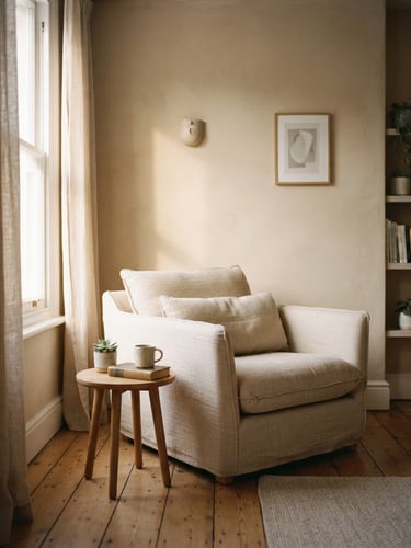 Softly lit empty therapy room with a comfortable linen armchair, warm morning light casting gentle shadows on a sand-colored wall, minimalist and calm atmosphere, 35mm photography