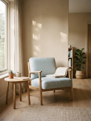 Softly lit empty therapy room with a light blue linen armchair, warm morning light casting gentle shadows on a sand-colored wall, minimalist editorial feel