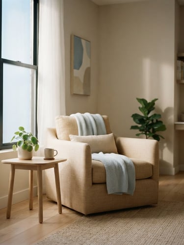 Softly lit empty therapy room with a comfortable linen armchair in warm sand and pale blue morning light, gentle shadows, minimalist editorial style, shallow depth of field