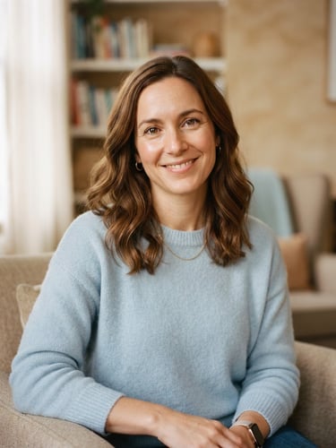 A warm authentic portrait of a female therapist in her late 30s, smiling gently, soft morning daylight, muted sand and pale blue tones, shallow depth of field, 35mm