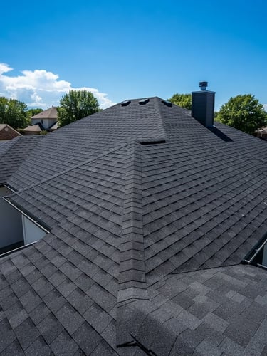 Wide-angle shot of a completed residential asphalt shingle roof under a clear blue sky, showing clean, perfectly aligned shingle courses. Bright midday sun, high-contrast deep shadows.