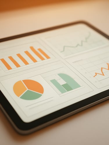 Crisp macro shot of a sleek tablet interface showing structured clinical data charts, warm orange ambient lighting, clean clinical daylight, 35mm