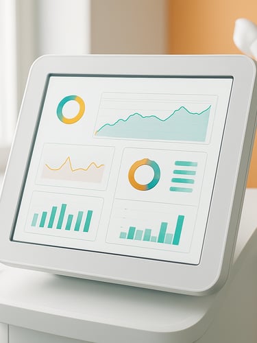 Crisp medium-close up of a modern aesthetic medical device screen displaying structured data flows, bright clinical daylight, warm orange ambient accents, 35mm