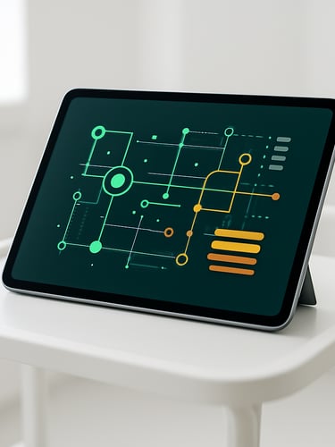Macro shot of a high-end clinical tablet on a clean white medical cart, displaying abstract secure green and orange data flow diagrams, bright clinical daylight, 35mm